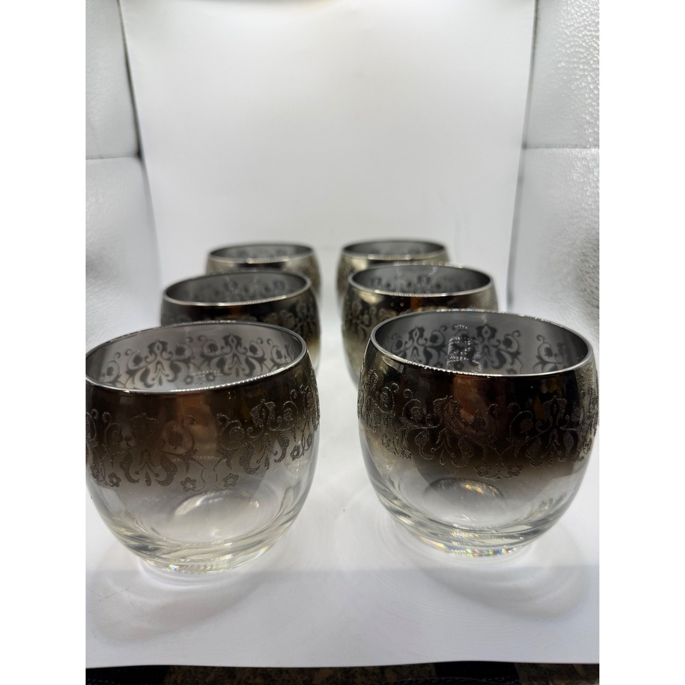 Vintage Silver Ombre Damask Filigree Lowball Whiskey Glasses Set of 6 MCM Style
